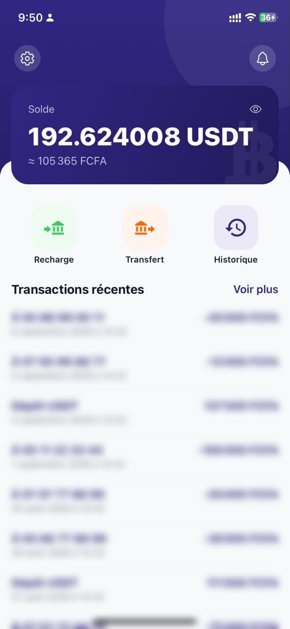 Écran d'accueil de l'application CryPay, affichant le solde et les transactions récentes